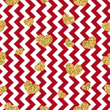 Gold heart seamless pattern. Red-white geometric zig zag, golden confetti-hea イラスト素材