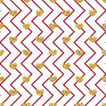 Gold heart seamless pattern. Red-white geometric zig zag, golden confetti-hea Illustrazione stock