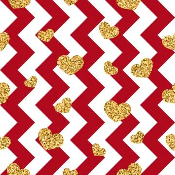 Gold heart seamless pattern. Red-white geometric zig zag, golden confetti-hea Illustrazione stock