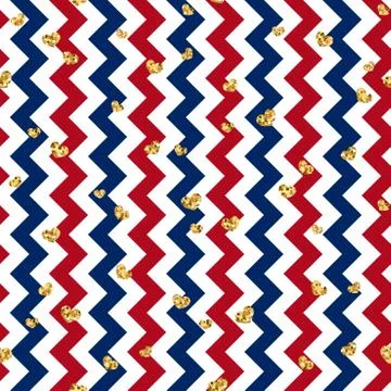 Gold heart seamless pattern. Red-blue-white geometric zig zag, golden confett Stock Illustration