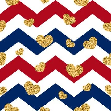 Gold heart seamless pattern. Red-blue-white geometric zig zag, golden confett Stock Illustration