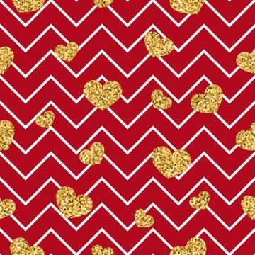 Gold heart seamless pattern. Red-white geometric zig zag, golden confetti-hea Stock Illustration