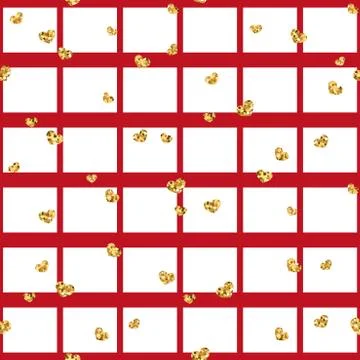 Gold heart seamless pattern. Red-white geometric square, golden confetti-hear Stock Illustration