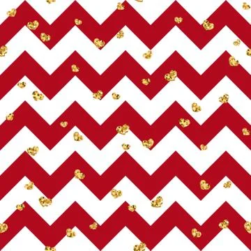 Gold heart seamless pattern. Red-white geometric zig zag, golden confetti-hea 스톡 일러스트