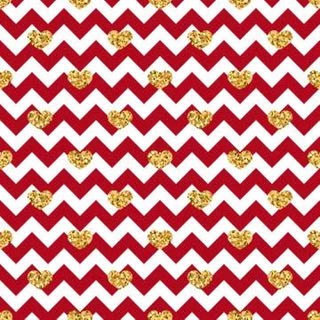 Gold heart seamless pattern. Red-white geometric zig zag, golden confetti-hea Stock Illustration