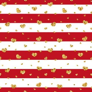 Gold heart seamless pattern. Red-white geometric stripes, golden confetti-hea Stock Illustration