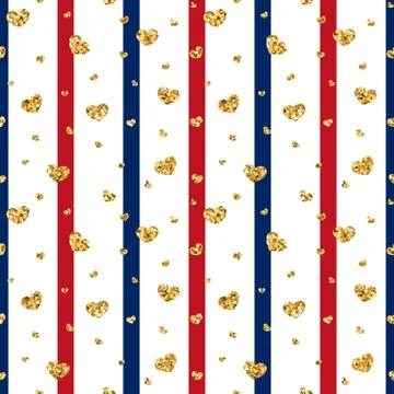 Gold heart seamless pattern. Red-blue-white geometric stripes, golden confett Stock Illustration