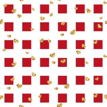 Gold heart seamless pattern. Red-white geometric square, golden confetti-hear Stock Illustration