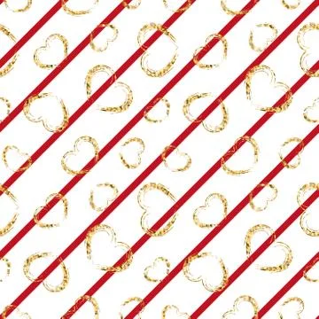 Gold heart seamless pattern. Red-white geometric stripes, golden grunge confe Stock Illustration