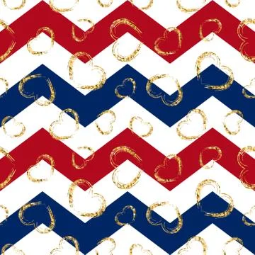 Gold heart seamless pattern. Red-blue-white geometric zig zag, golden grunge  스톡 일러스트