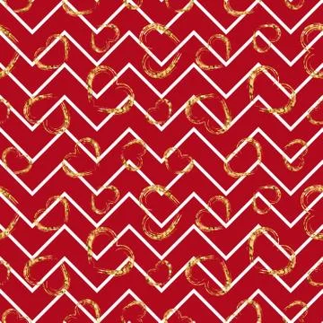Gold heart seamless pattern. Red-white geometric zig zag, golden grunge confe Illustrazione stock