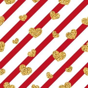 Gold heart seamless pattern. Red-white geometric stripes, golden confetti-hea Stock Illustration