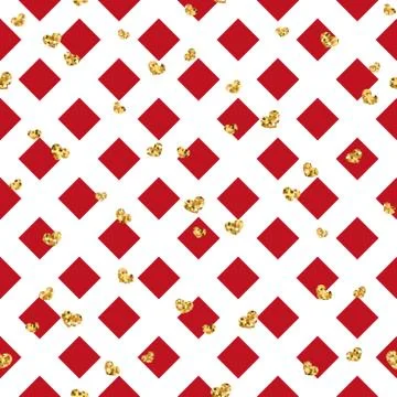 Gold heart seamless pattern. Red-white geometric decoration, golden confetti- Stock Illustration