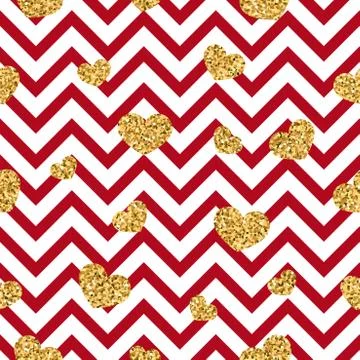 Gold heart seamless pattern. Red-white geometric zig zag, golden confetti-hea Stock Illustration