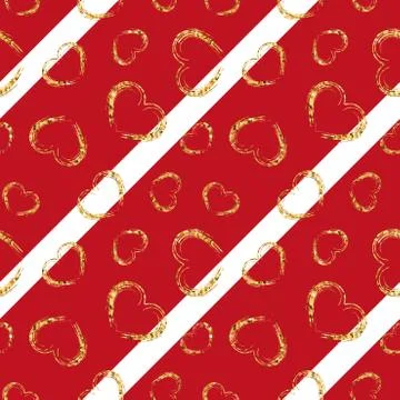 Gold heart seamless pattern. Red-white geometric stripes, golden grunge confe Stock Illustration