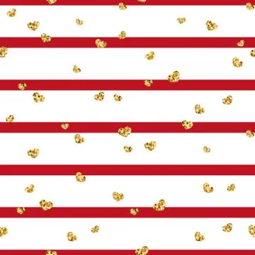 Gold heart seamless pattern. Red-white geometric stripes, golden confetti-hea Stock Illustration
