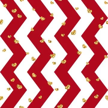 Gold heart seamless pattern. Red-white geometric zig zag, golden confetti-hea Stock Illustration