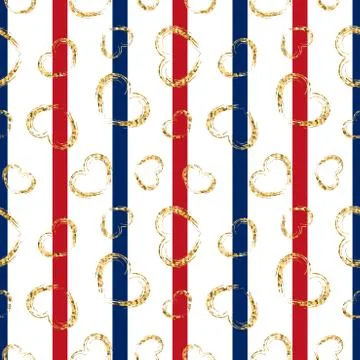 Gold heart seamless pattern. Red-blue-white geometric stripes, golden grunge  Stock Illustration