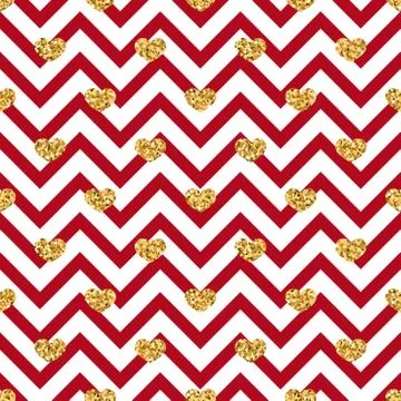 Gold heart seamless pattern. Red-white geometric zig zag, golden confetti-hea Illustrazione stock