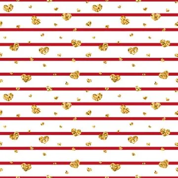 Gold heart seamless pattern. Red-white geometric stripes, golden confetti-hea Stock Illustration