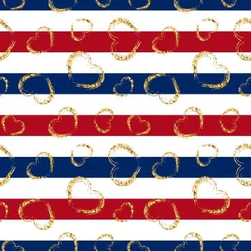 Gold heart seamless pattern. Red-blue-white geometric stripes, golden grunge  Stock Illustration