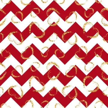 Gold heart seamless pattern. Red-white geometric zig zag, golden grunge confe Stock Illustration