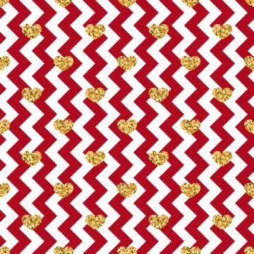 Gold heart seamless pattern. Red-white geometric zig zag, golden confetti-hea イラスト素材