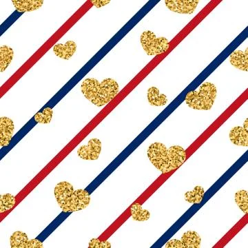 Gold heart seamless pattern. Red-blue-white geometric stripes, golden confett Stock Illustration