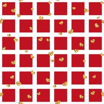 Gold heart seamless pattern. Red-white geometric square, golden confetti-hear Stock Illustration