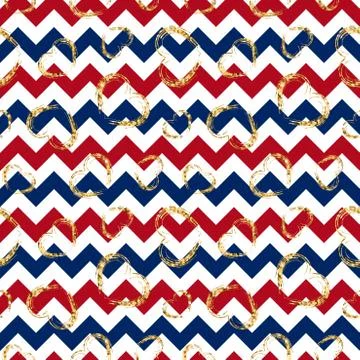 Gold heart seamless pattern. Red-blue-white geometric zig zag, golden grunge  Illustrazione stock