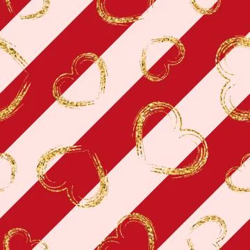 Gold heart seamless pattern. Red-pink geometric stripes, golden grunge confet Stock Illustration