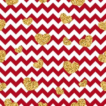Gold heart seamless pattern. Red-white geometric zig zag, golden confetti-hea Stock Illustration