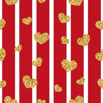 Gold heart seamless pattern. Red-white geometric stripes, golden confetti-hea Stock Illustration