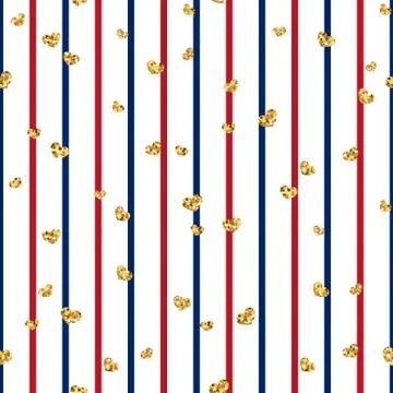 Gold heart seamless pattern. Red-blue-white geometric stripes, golden confett Stock Illustration