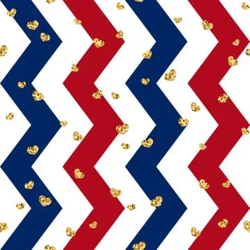 Gold heart seamless pattern. Red-blue-white geometric zig zag, golden confett Stock Illustration
