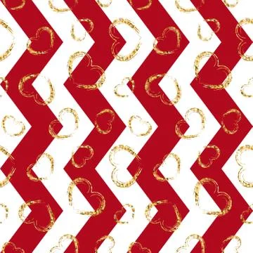 Gold heart seamless pattern. Red-white geometric zig zag, golden grunge confe 스톡 일러스트
