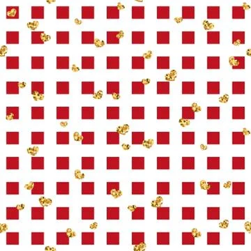 Gold heart seamless pattern. Red-white geometric square, golden confetti-hear Stock Illustration