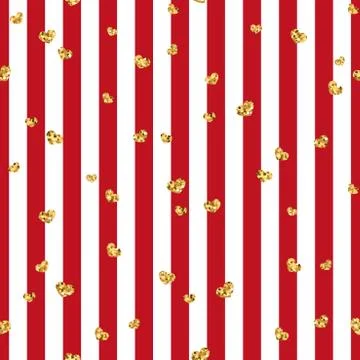 Gold heart seamless pattern. Red-white geometric stripes, golden confetti-hea Stock Illustration