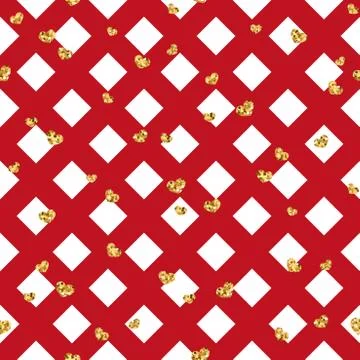 Gold heart seamless pattern. Red-white geometric decoration, golden confetti- Stock Illustration