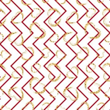 Gold heart seamless pattern. Red-white geometric zig zag, golden grunge confe 스톡 일러스트