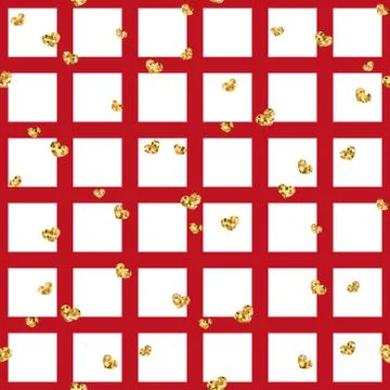 Gold heart seamless pattern. Red-white geometric square, golden confetti-hear Stock Illustration