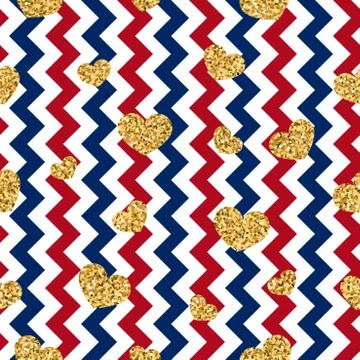 Gold heart seamless pattern. Red-blue-white geometric zig zag, golden confett Stock Illustration