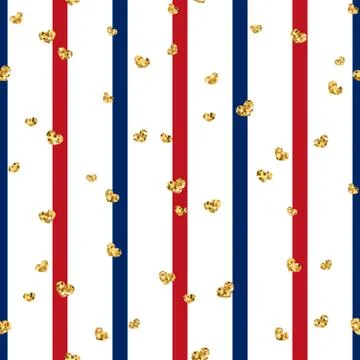 Gold heart seamless pattern. Red-blue-white geometric stripes, golden confett Stock Illustration