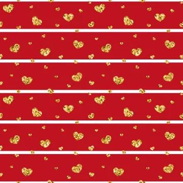 Gold heart seamless pattern. Red-white geometric stripes, golden confetti-hea Illustrazione stock