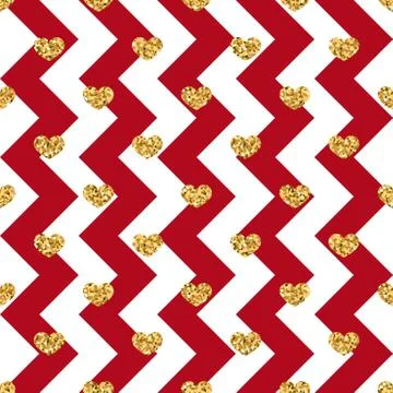 Gold heart seamless pattern. Red-white geometric zig zag, golden confetti-hea Illustrazione stock