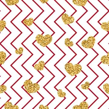 Gold heart seamless pattern. Red-white geometric zig zag, golden confetti-hea Stock Illustration