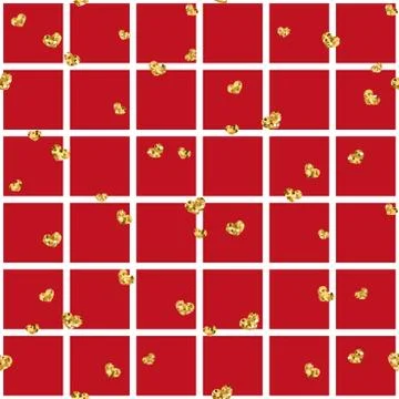 Gold heart seamless pattern. Red-white geometric square, golden confetti-hear Stock Illustration