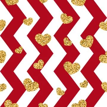Gold heart seamless pattern. Red-white geometric zig zag, golden confetti-hea Stock Illustration