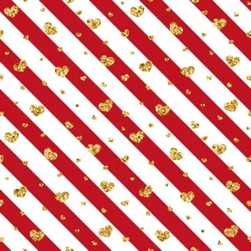 Gold heart seamless pattern. Red-white geometric stripes, golden confetti-hea Stock Illustration