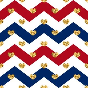 Gold heart seamless pattern. Red-blue-white geometric zig zag, golden confett Stock Illustration